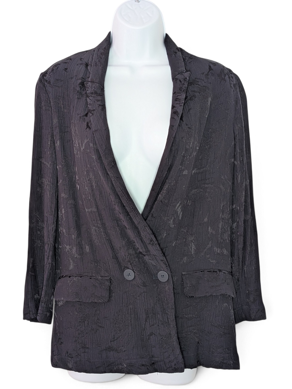Zara Bluish Black Textured Floral Jacquard Double-Breasted Blazer